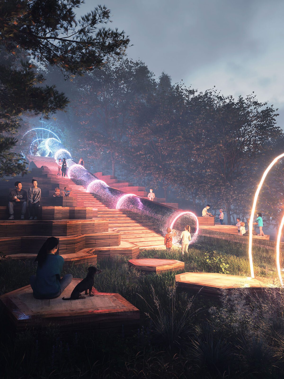 Skisse av lekeelement i form av en lang sklie med lys og trapper på begge sider.