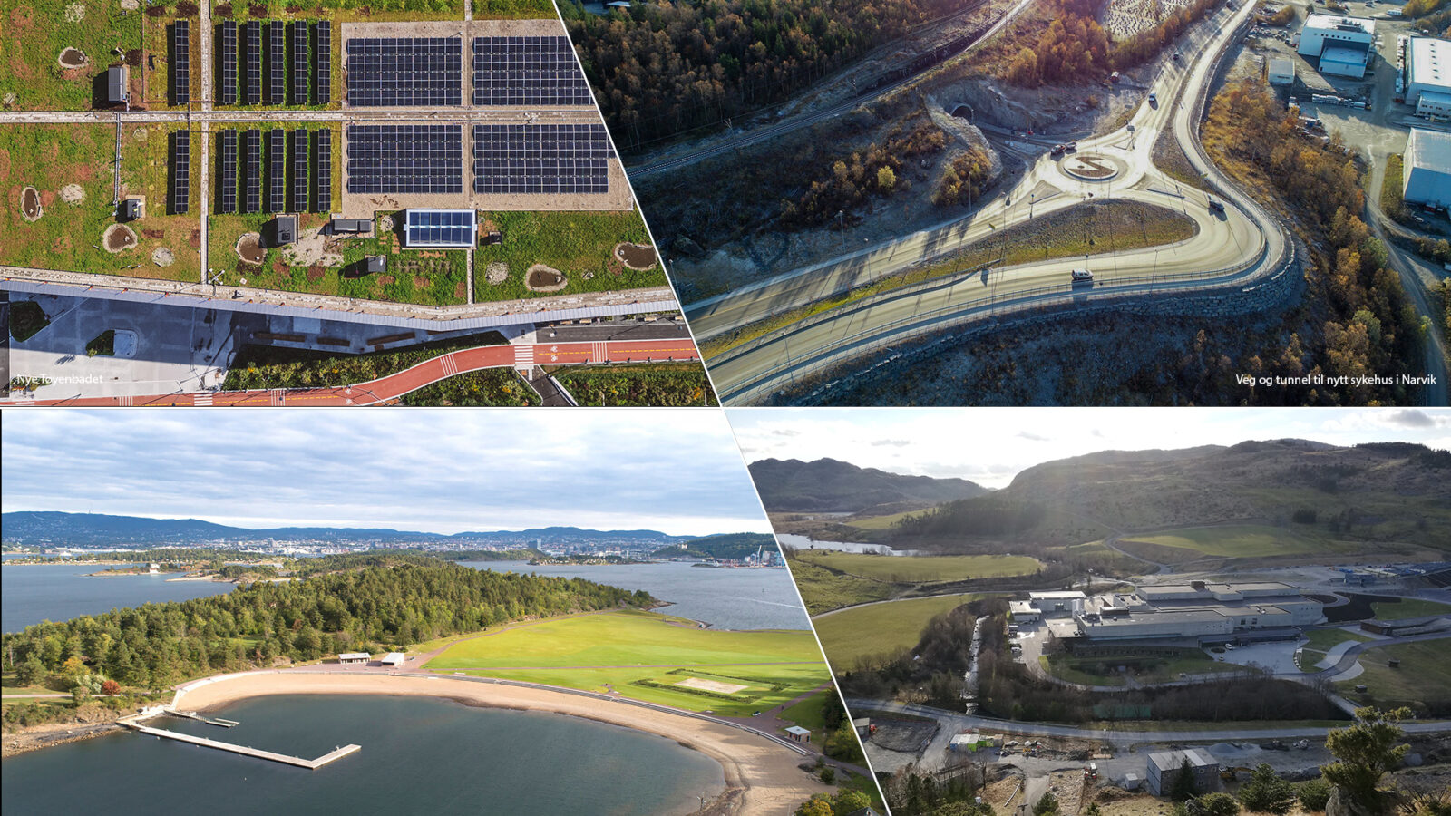 Bildecollage av 4 forskjellige bygninger som det er utført elektrotekniske løsninger.