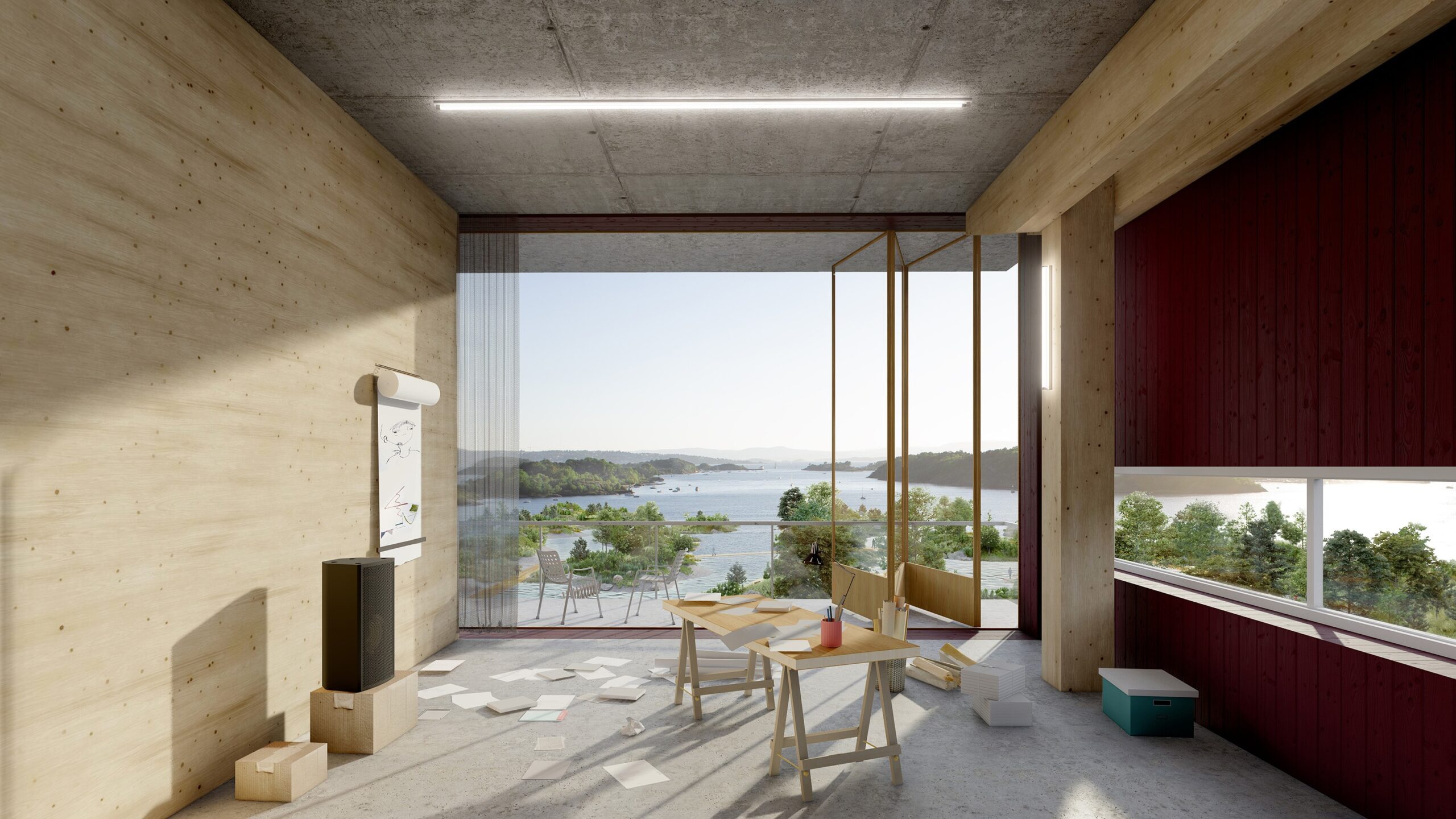 Illustrasjon av et atelier med utsikt mot fjordlandskapet