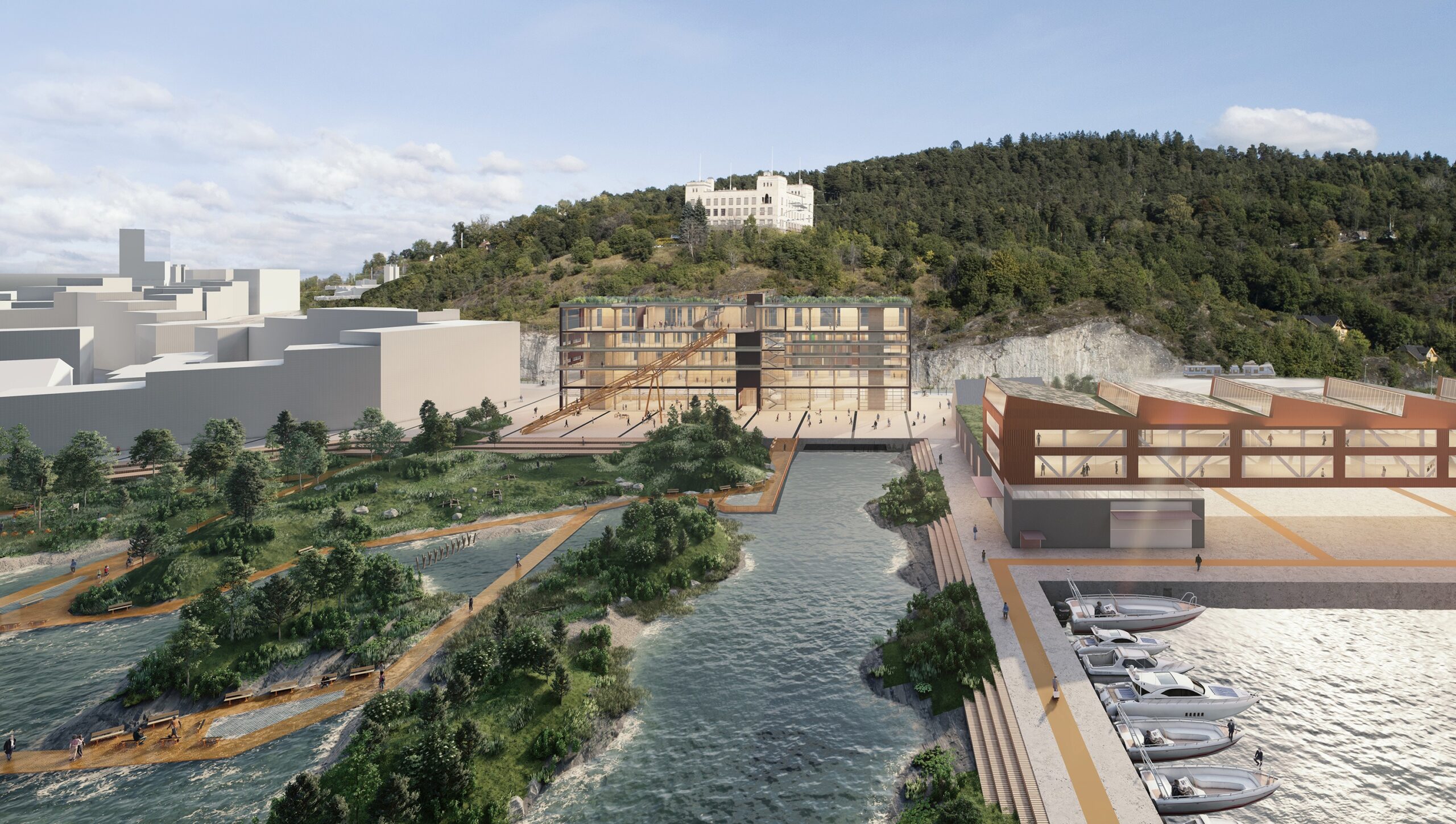 Illustrasjon over Grønlikaia tatt fra fjorden og inn mot land hvor man ser øyene utenfor samt bygninger på land.