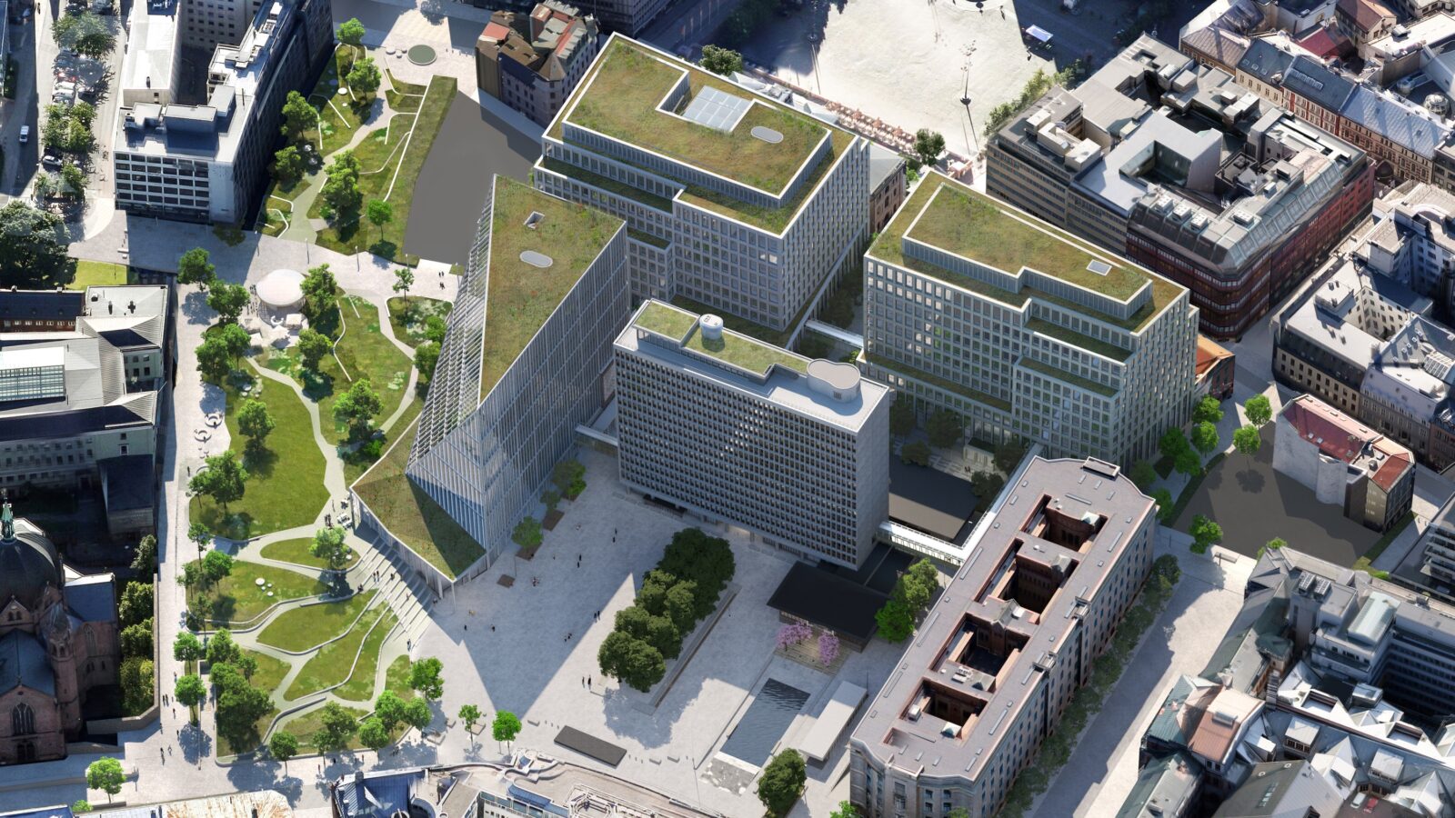 Oversiktsbilde over nytt regjeringskvartal med blågrønne tak.