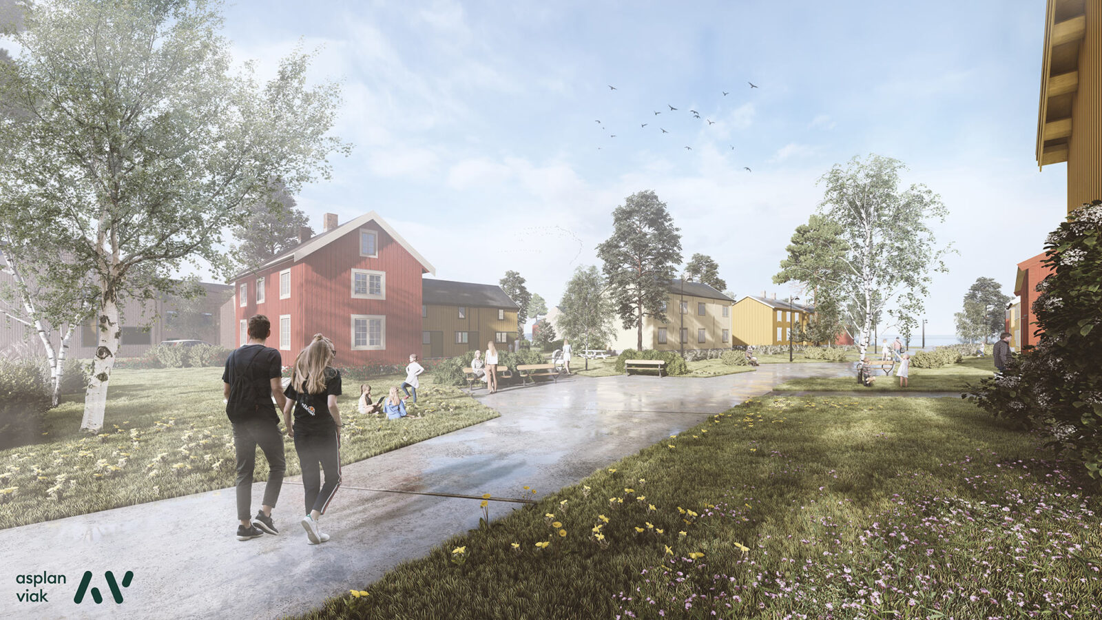 Personer går på rolig vei mot kulturhistorisk bomiljø