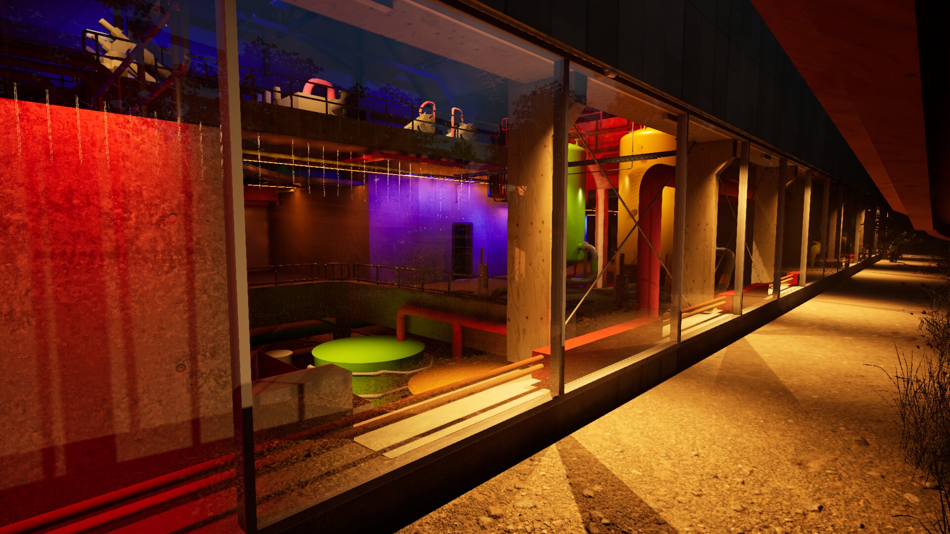 Innsiden av Knarvik renseanlegg sett gjennom glassfasaden.