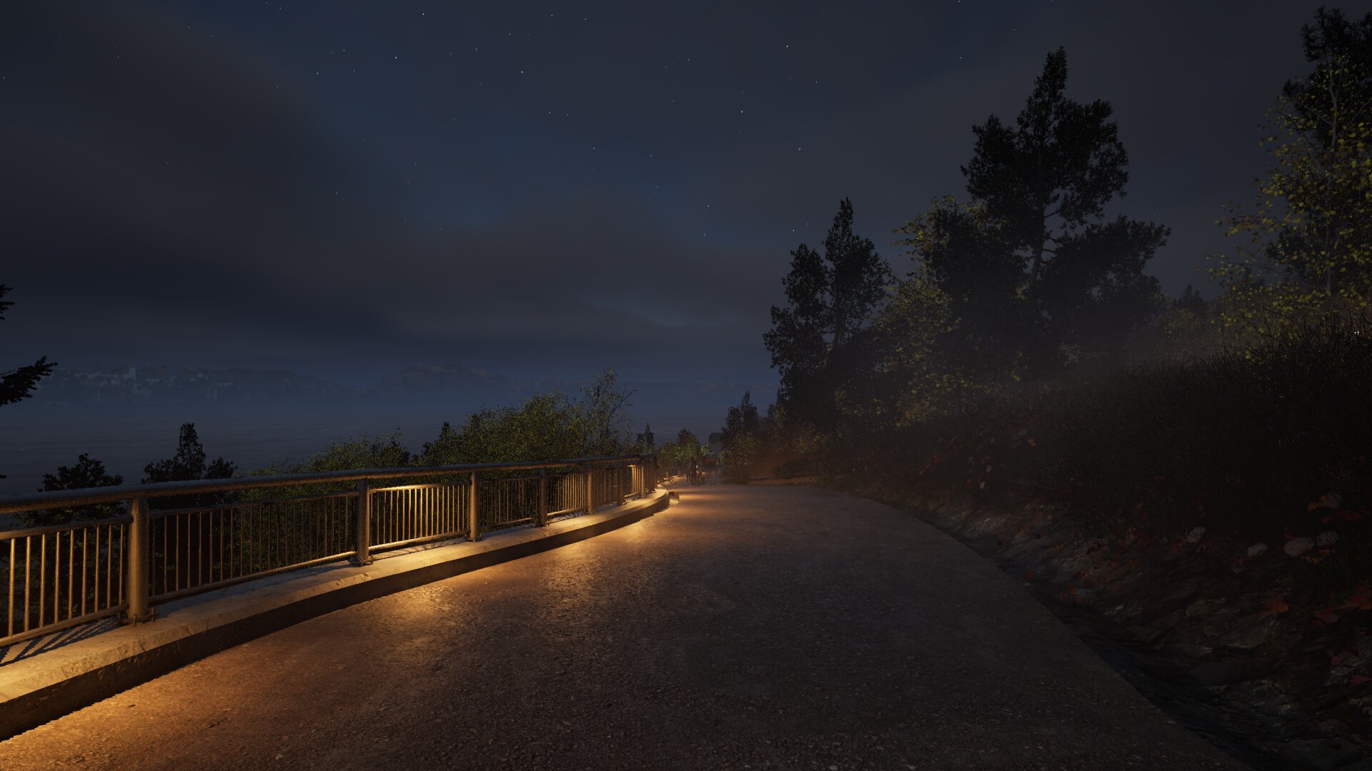 Tilhørende opplyst gangvei ved fjorden.