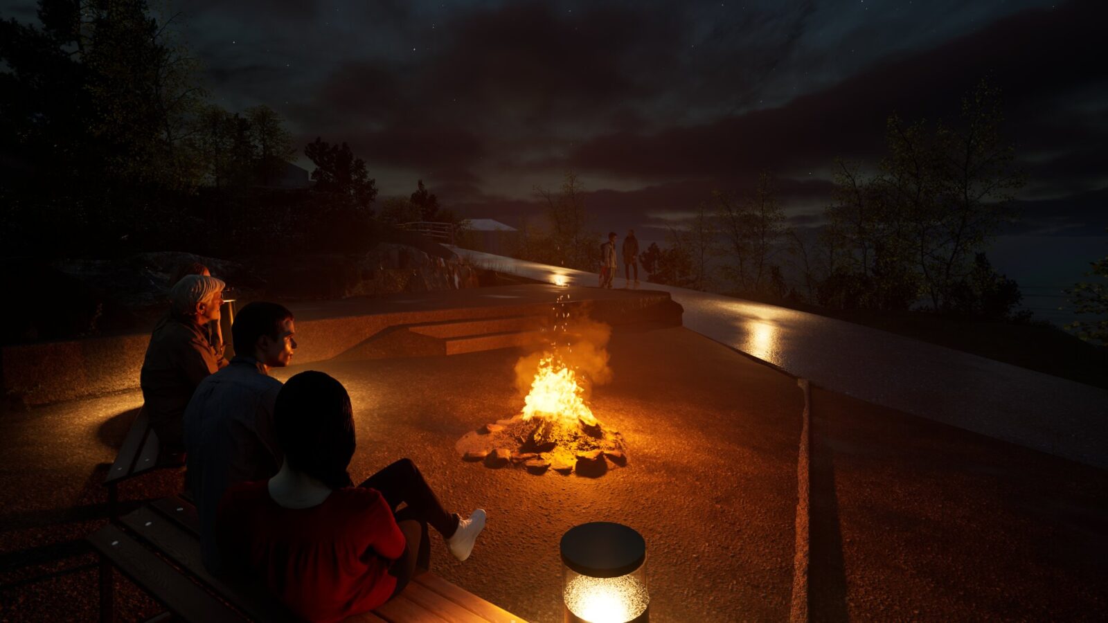 Bålplass ved Knarvik renseanlegg i kveldsmørke.