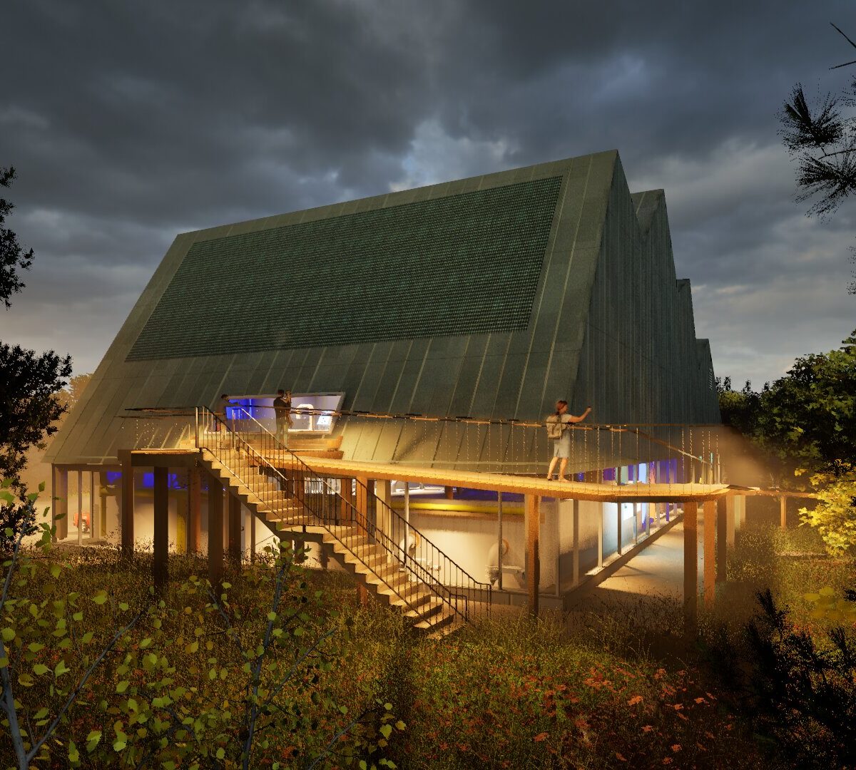 Knarvik renseanlegg med sedumtak og opplyst rampe.