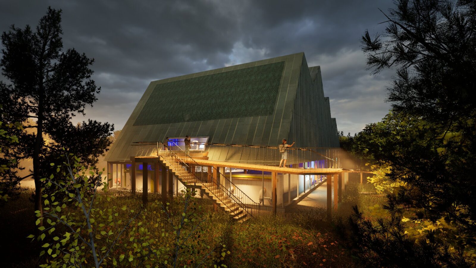 Knarvik renseanlegg med sedumtak og opplyst rampe.