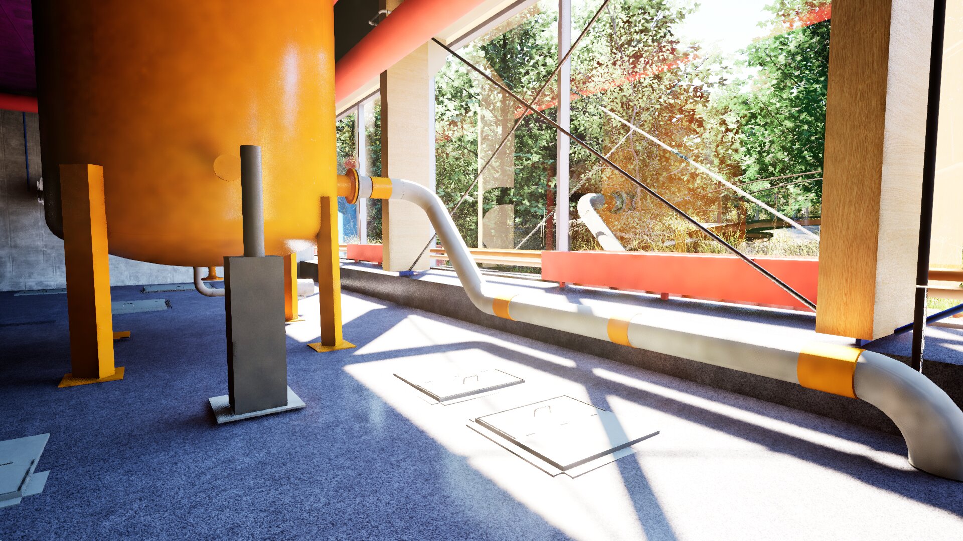 Innvendig del av prosessbygget i Knarvik renseanlegg, med tekniske installasjoner, rørføringer og store glassflater mot skog.