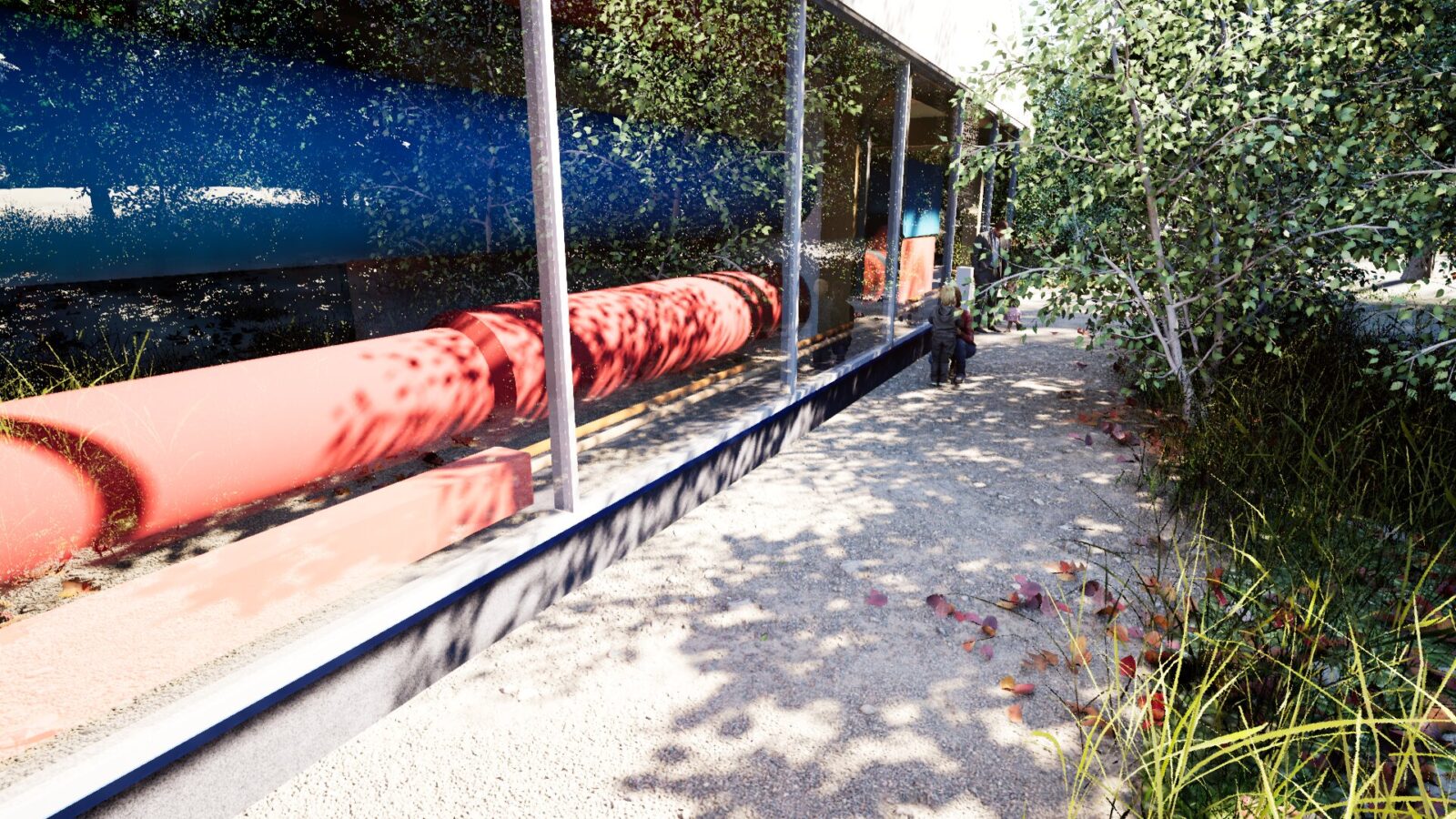 Fasaden til Knarvik renseanlegg med store glassvinduer for innsyn til prosessanlegget.