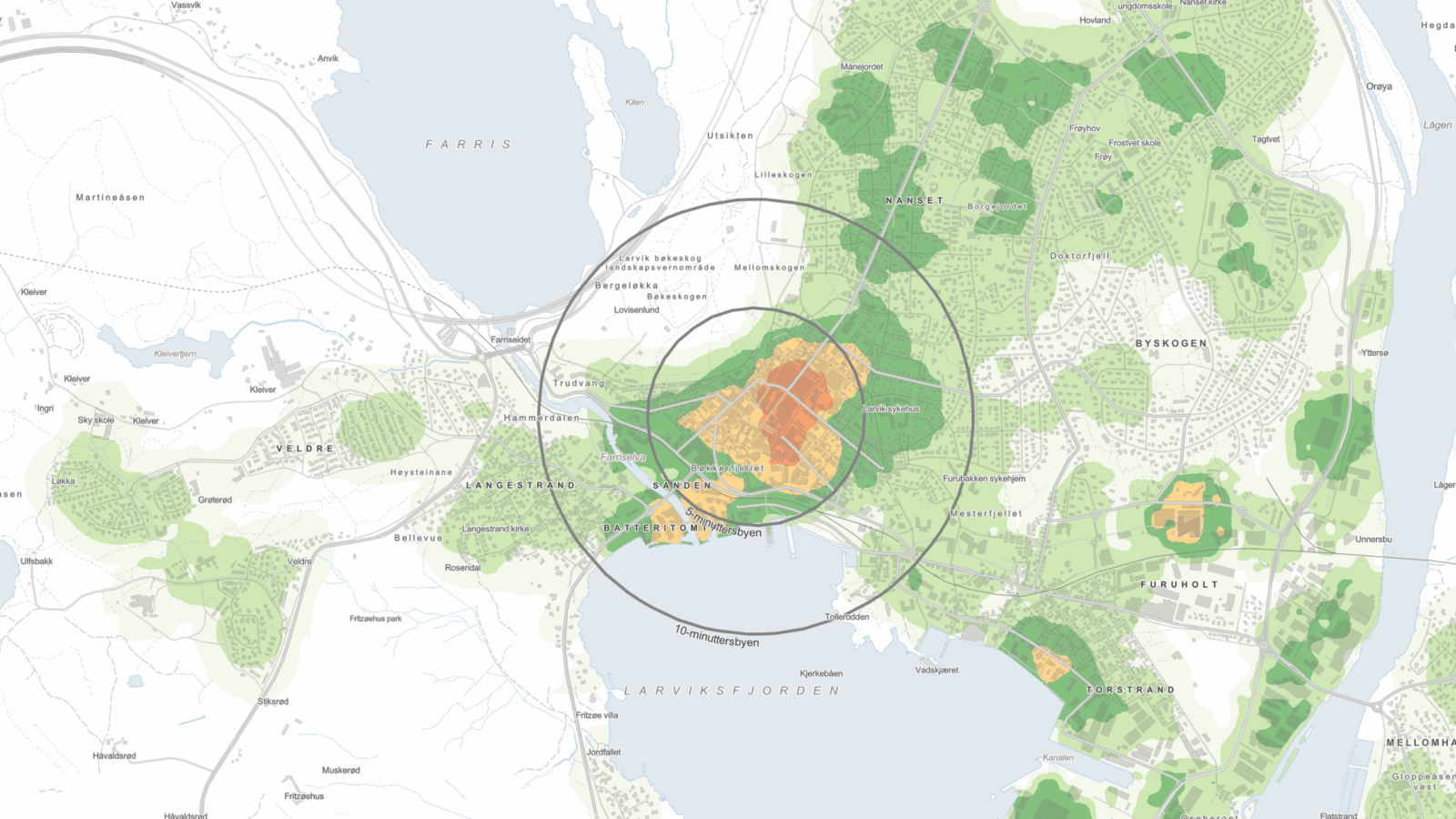 Kart over bebyggelsestetthet i Larvik