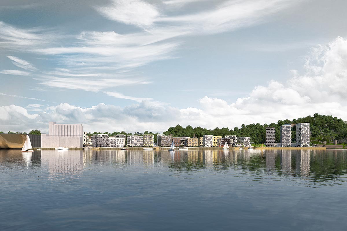 Illustrasjon av Tre Søstre og Kanalbyen sett fra sjøen, med leilighetsbygg langs vannkanten.