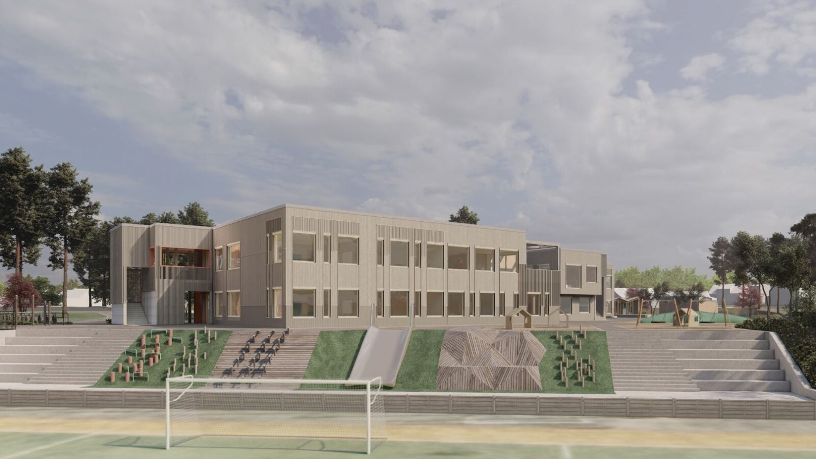 Illustrasjon av Fjære Barneskole med skolegård, lekeområde, trappetrinn og fotballbane i forgrunnen. Rivco, et datterselskap av Asplan Viak, har detaljprosjektert VVS-anleggene, som omfatter sanitær, sprinkler, varme, kjøling, sponavsug og luftbehandling.