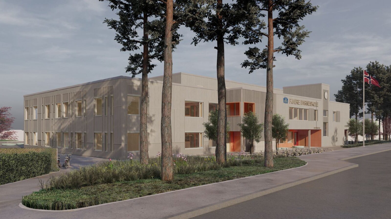 Illustrasjon av Fjære Barneskole med hovedinngang, uteområde og trær.