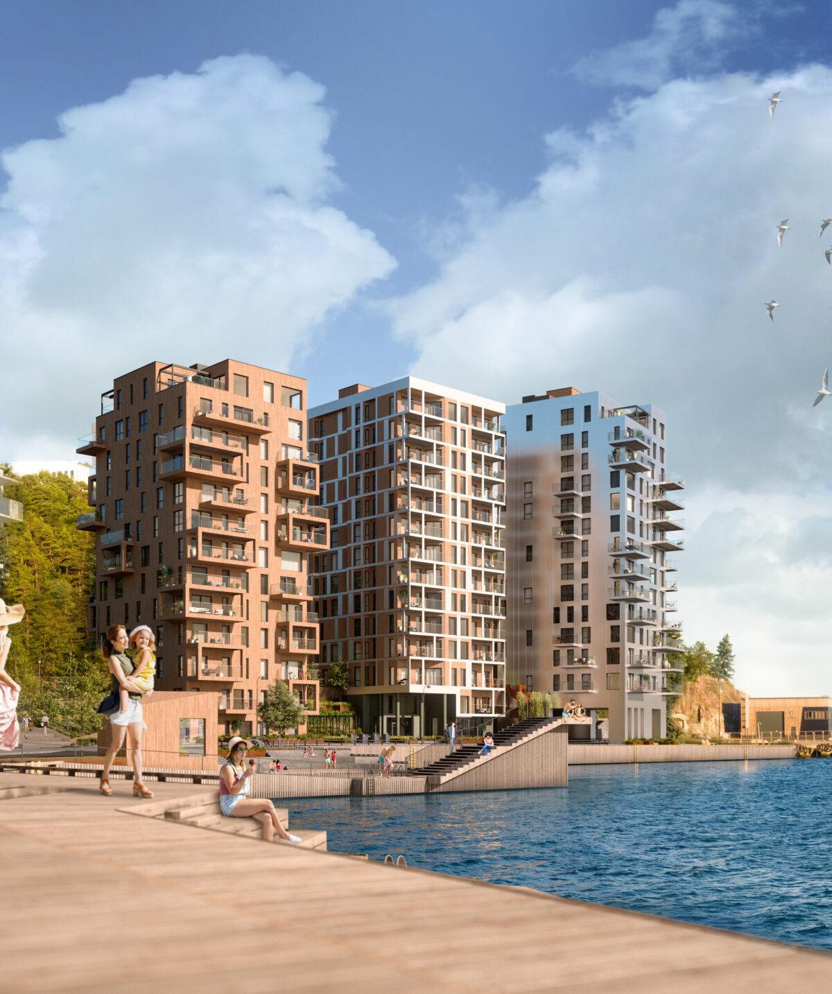 Illustrasjon av Tre Søstre i Kanalbyen med leilighetsbygg, bryggeområde, sjøfront og utearealer.