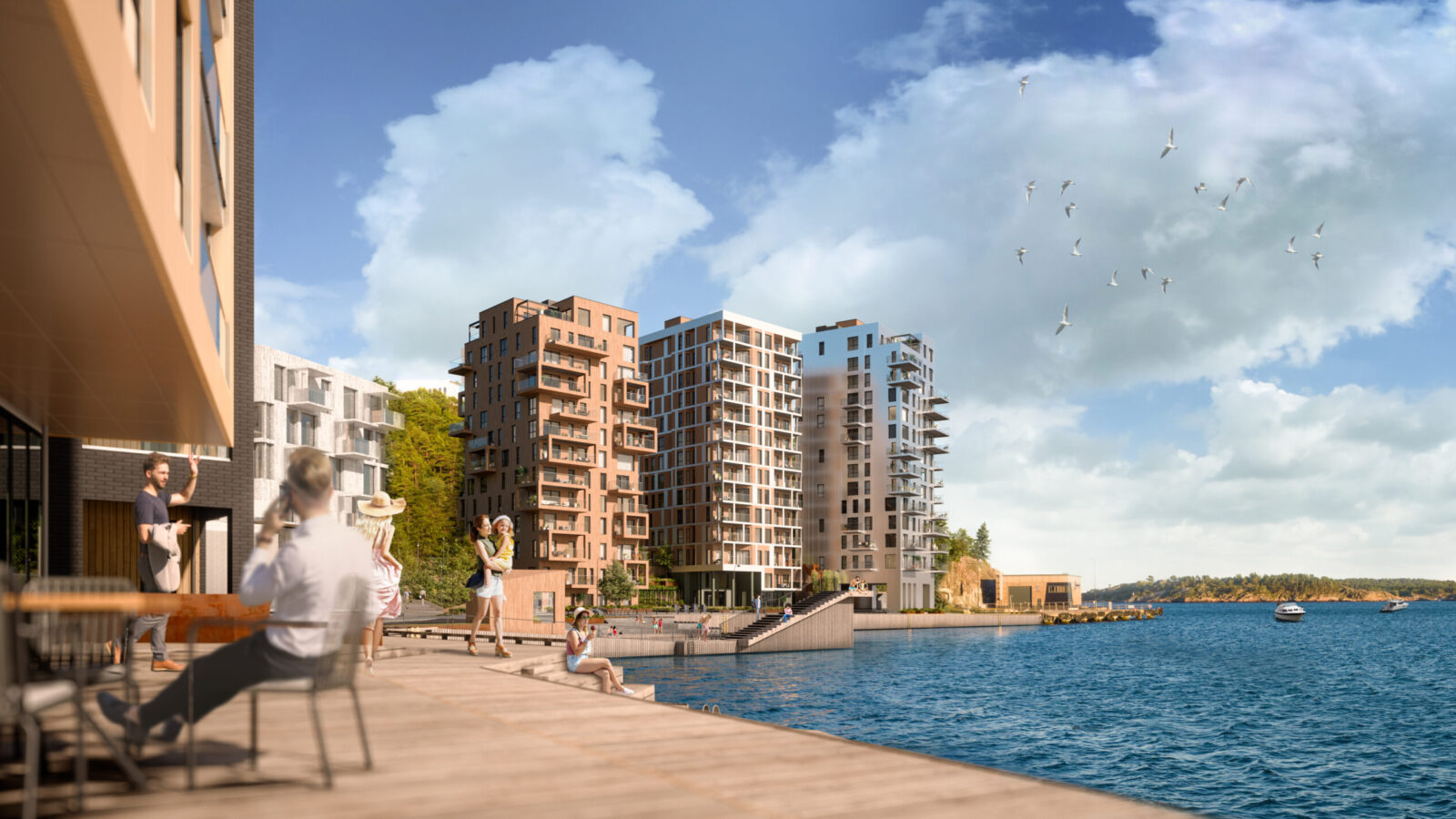 Illustrasjon av Tre Søstre i Kanalbyen med leilighetsbygg, bryggeområde, sjøfront og utearealer.