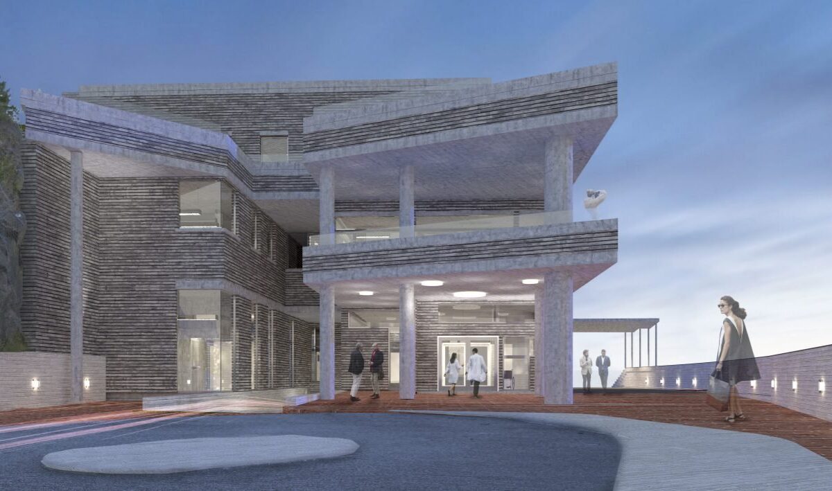 Illustrasjon av nytt legevaktbygg i Arendal ved Sørlandet sykehus, med overbygget inngangsparti og store vindusflater.