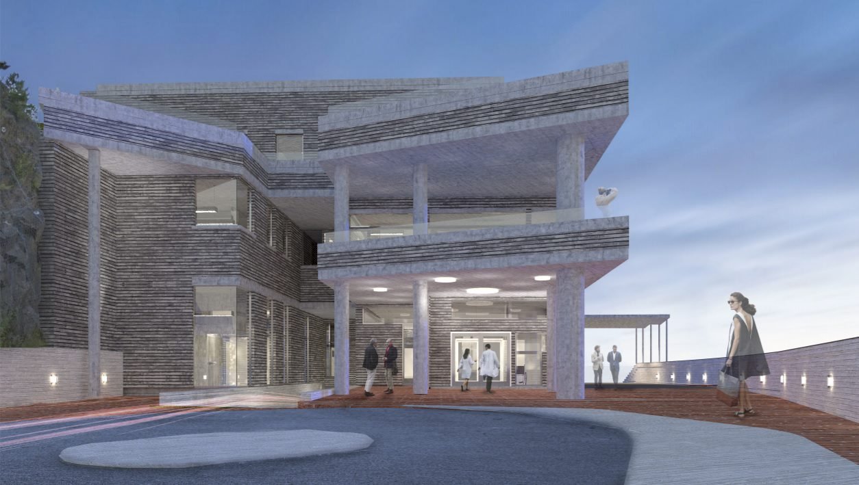 Illustrasjon av nytt legevaktbygg i Arendal ved Sørlandet sykehus, med overbygget inngangsparti og store vindusflater.