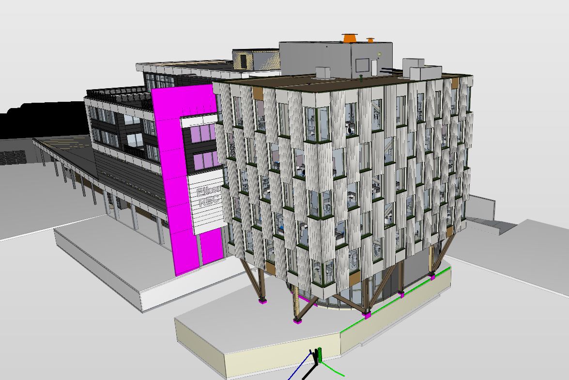 3D-modell av Lumber Teknologipark i Kristiansand, et kontorbygg i massivtre med trefasade, visualisert av Rivco, et datterselskap av Asplan Viak.