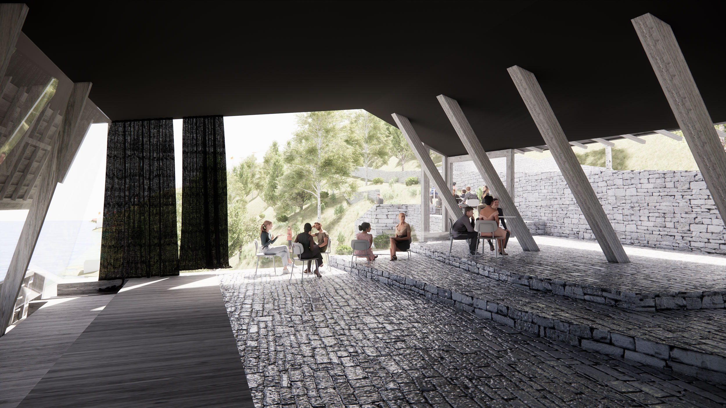 Render av bygningen på Astruptunet med sitteplasser under tak
