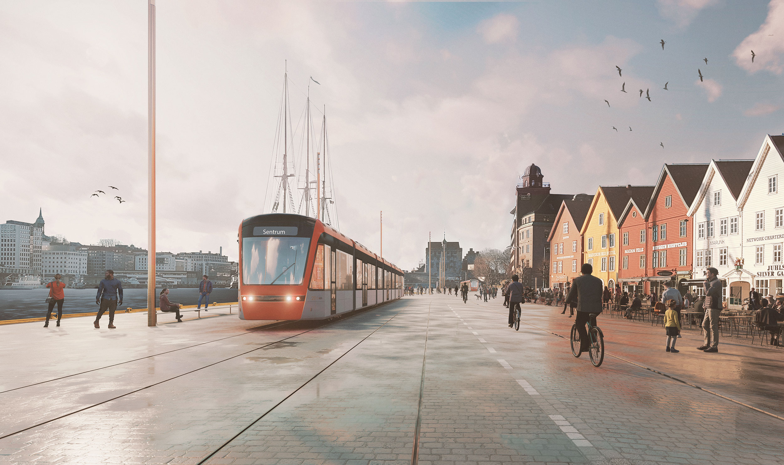 Bryggen i Bergen, sykkelvei og trikk.