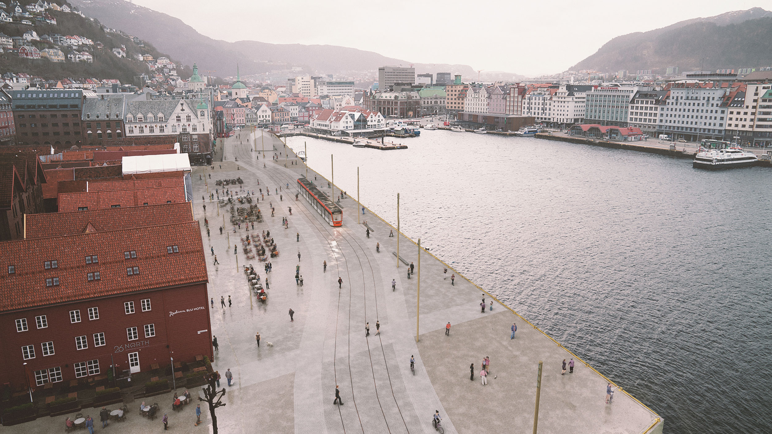 Oversiktsillustrasjon over bryggen i Bergen