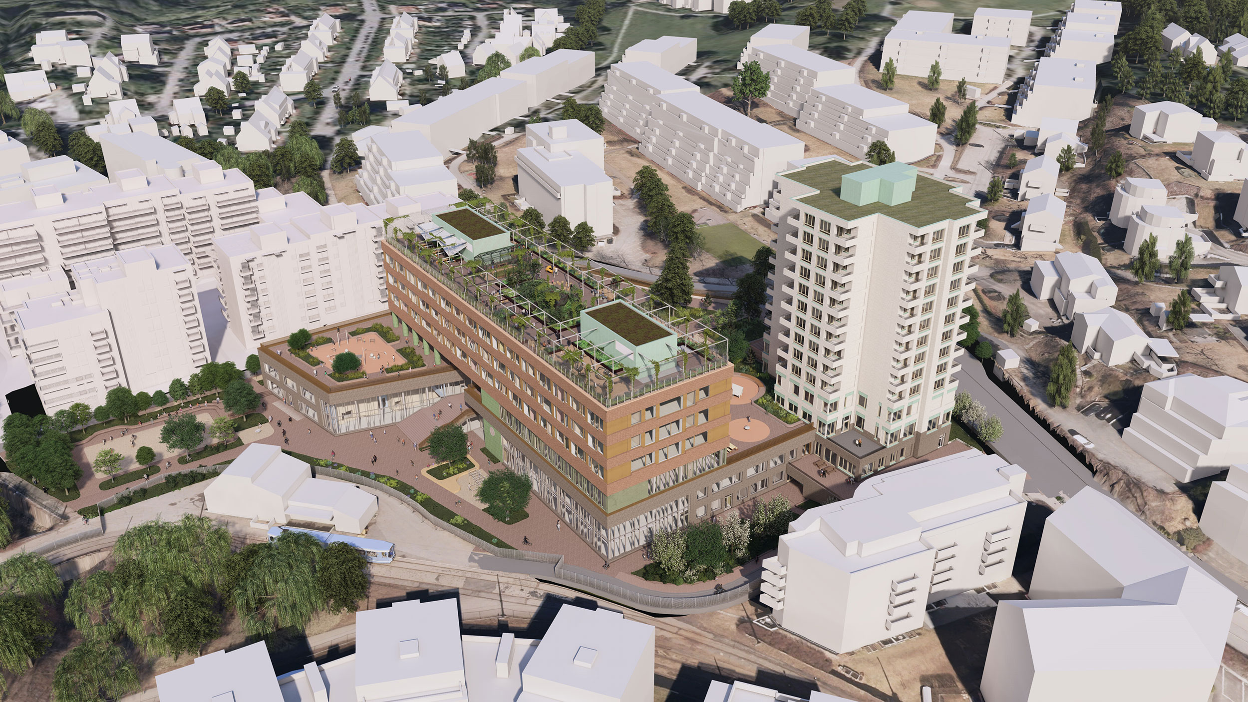 Illustrasjon av Hoff flerformålsbygg sett fra fugleperspektiv