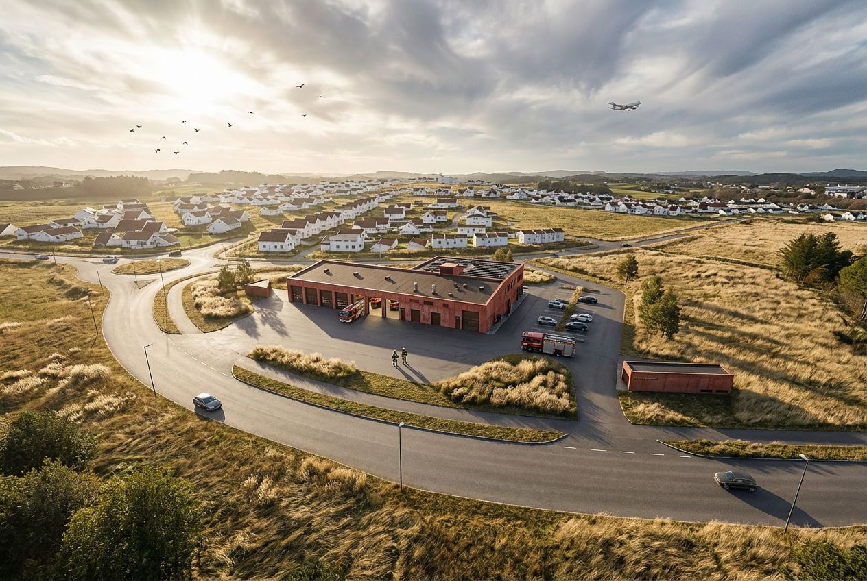 Fugleperspektiv illustrasjon av Nærbø brannstasjon