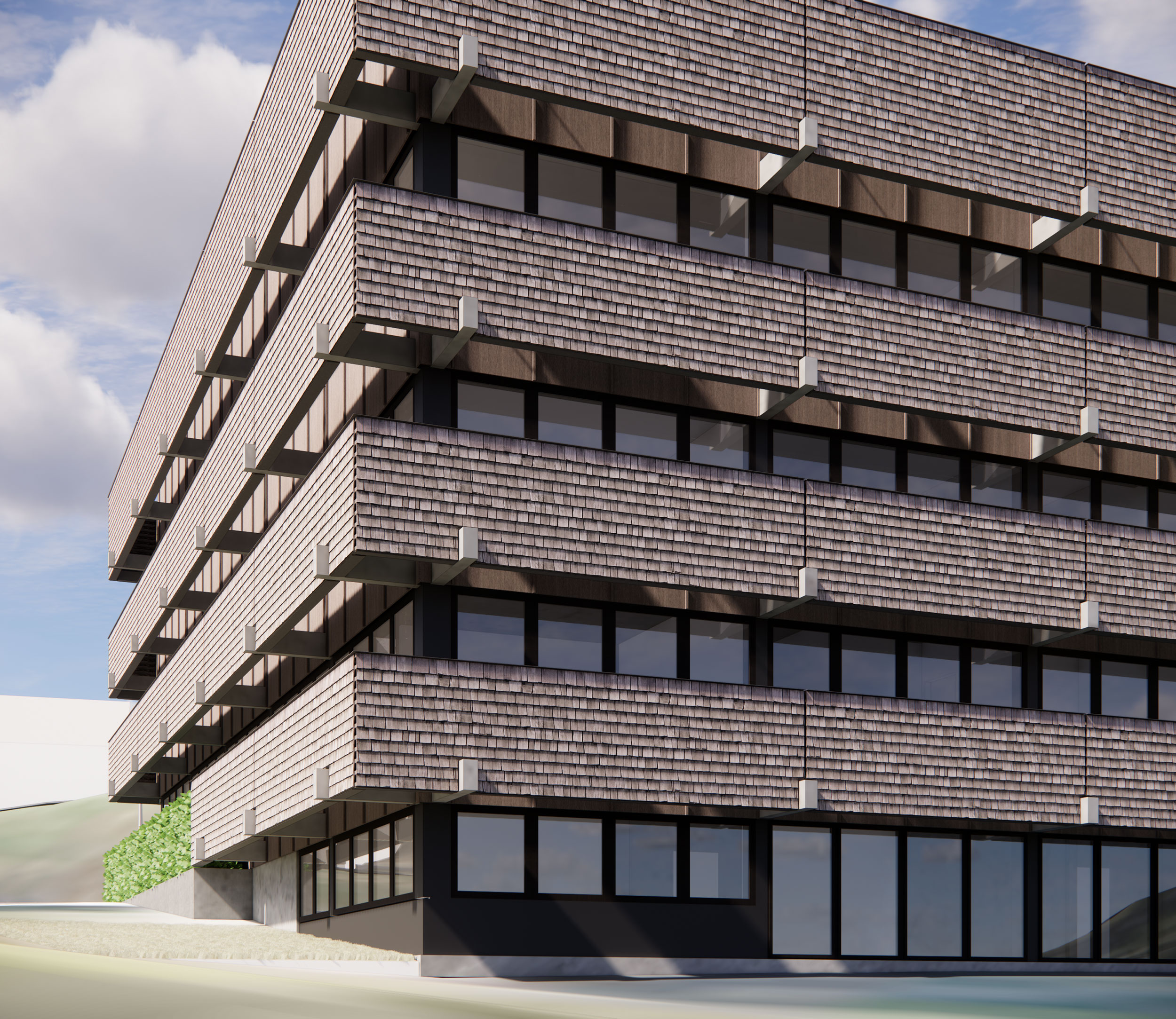 Eksteriør illustrasjon fasadeskjerm VEAS administrasjonsbygning