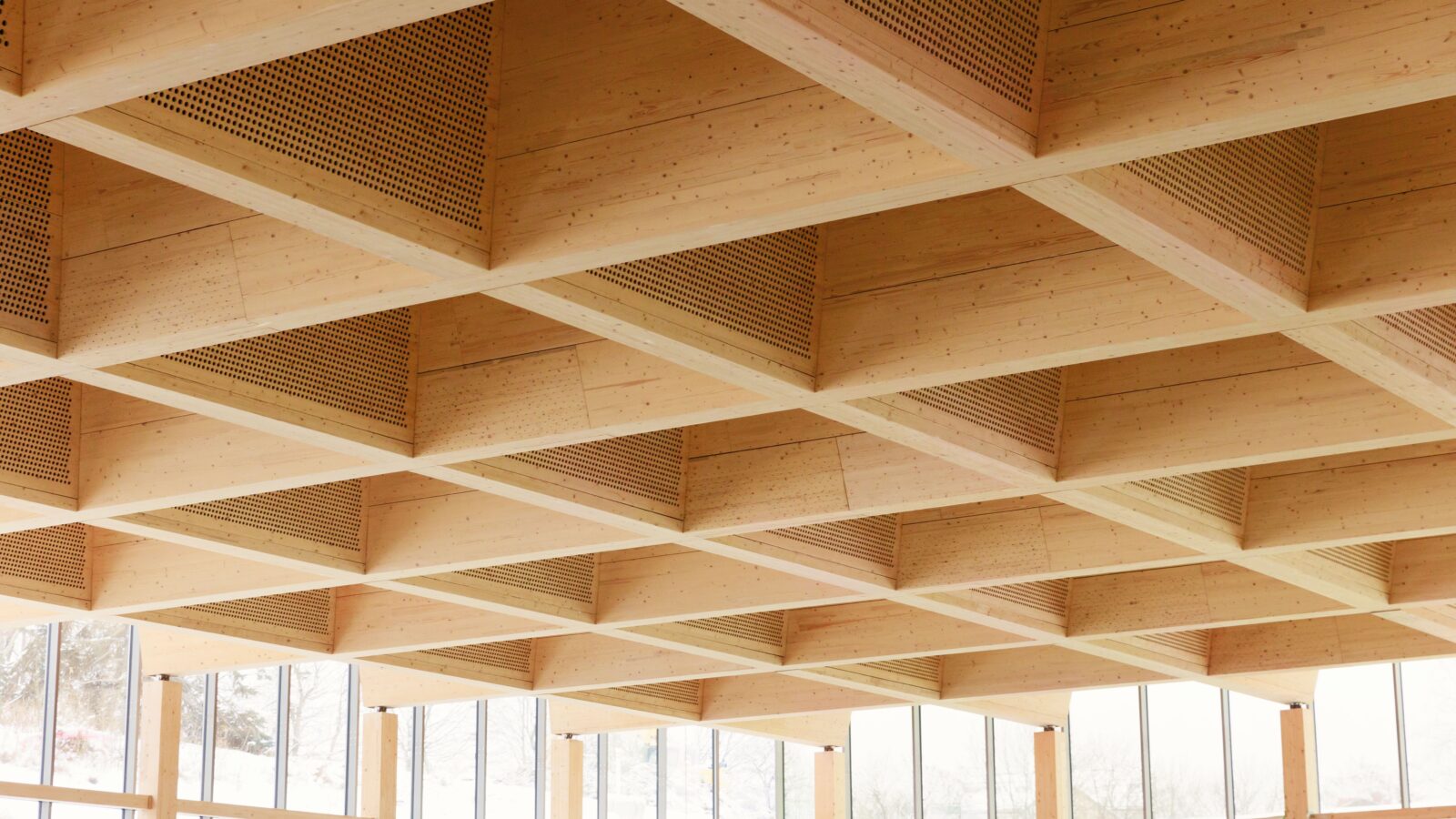 Tøyenbadet’s timber ceiling with large box beams concealing ventilation, lighting and safety systems.