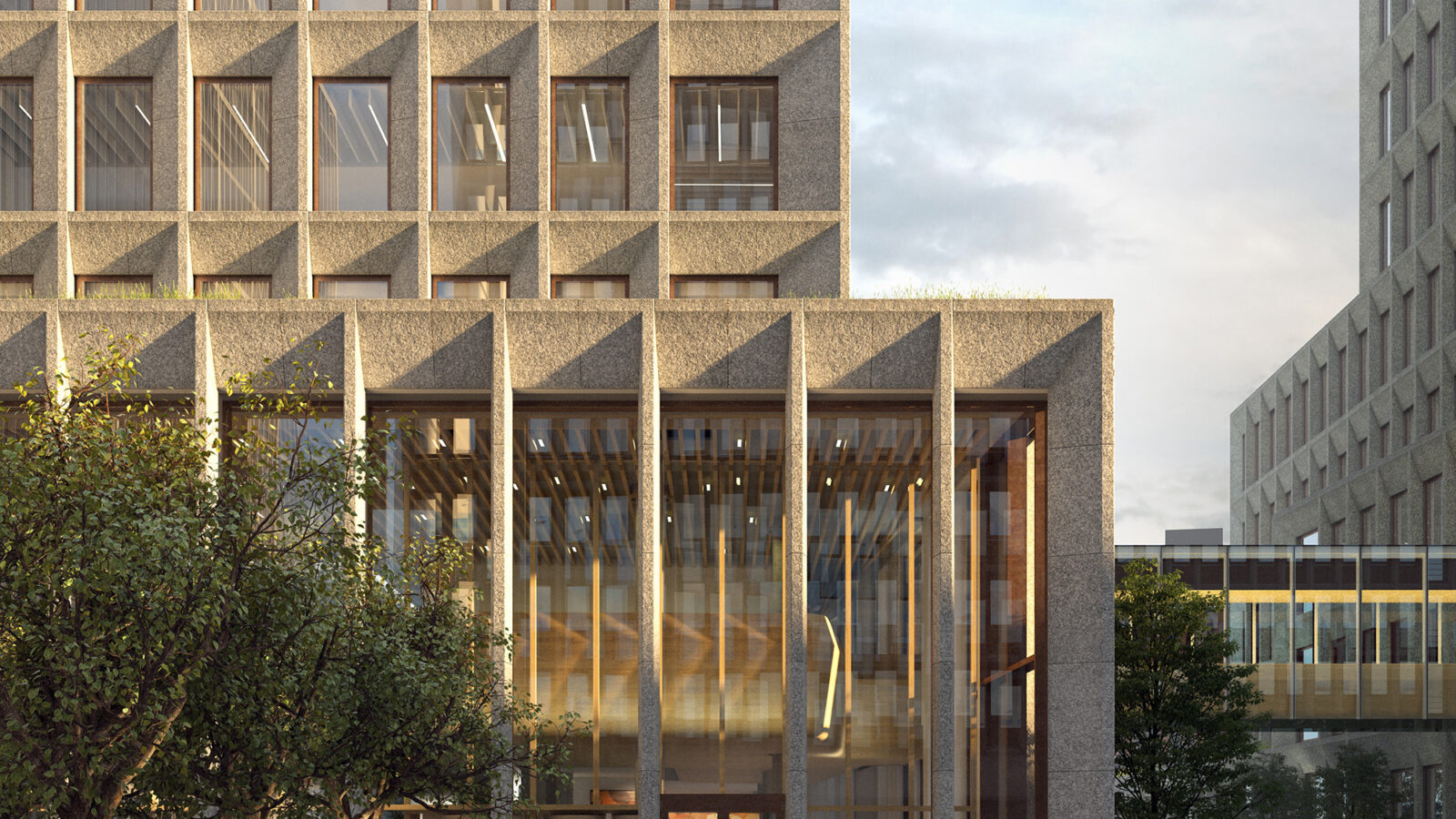 A rendering of the new government quarter shows a glass-clad façade and, in the foreground, a plaza with trees lining a reflecting pool.